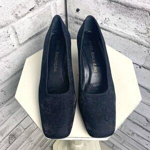 Enzo Angiolini Square Toe Mid Low Block Heel Black Floral Fabric Leather Pump